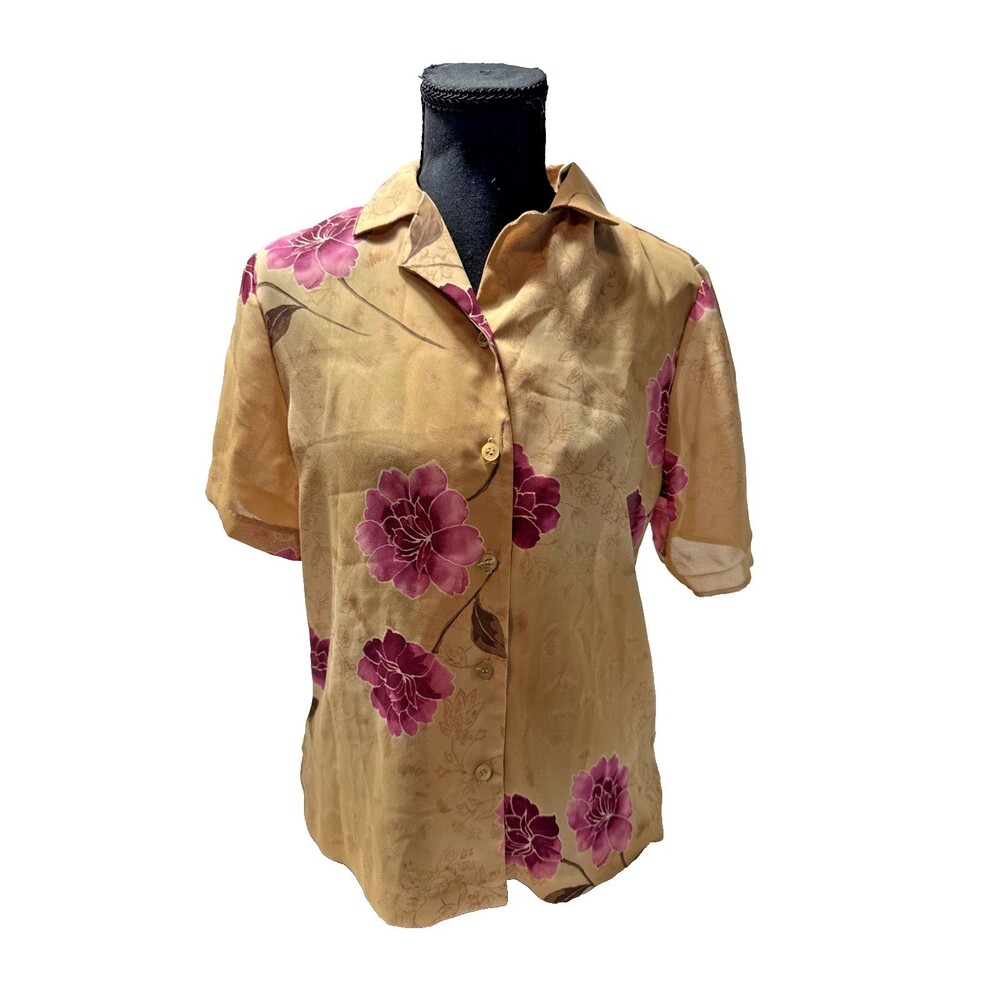 Laura Scott Beige Floral Blouse Women's Small Button Up Short Sleeve Dressy